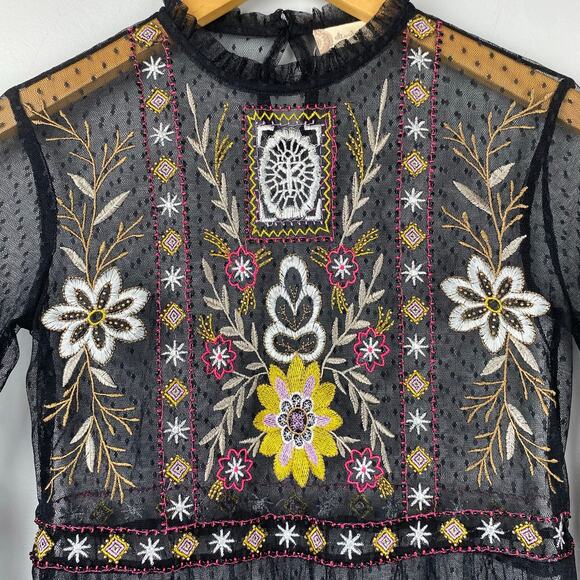 Altar’d State Black Boho Mesh Embroidered Bell Sleeve Blouse XS - Picture 4 of 9